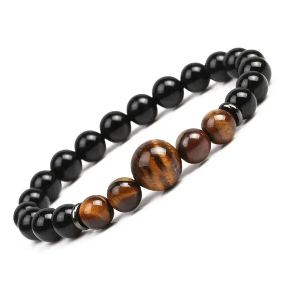 Tigers Eye Black Bead Stretch Bracelet 7.5" - Picture 1 of 2